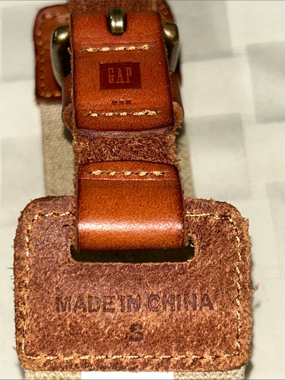 GAP Beige Elastic Belt with Brown Leather Trim